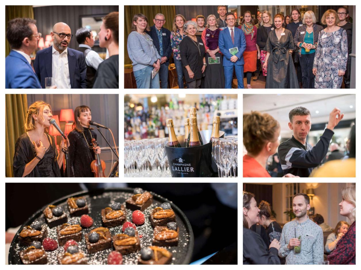 Montage image of an opening party of london  bridge hotel
