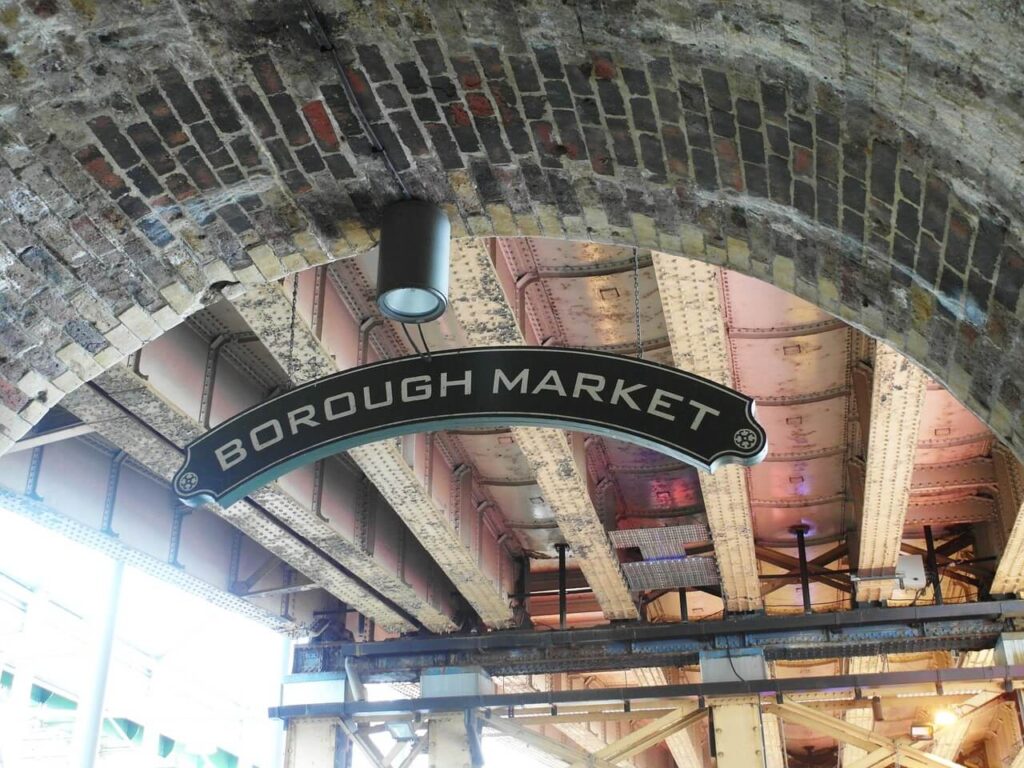sign on ceiling of borough market london