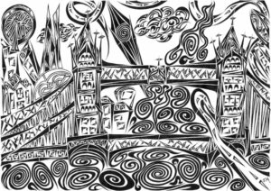 Abstract black and white artwork titled 'Jumbled London', featuring a chaotic, layered design with geometric shapes and lines.
